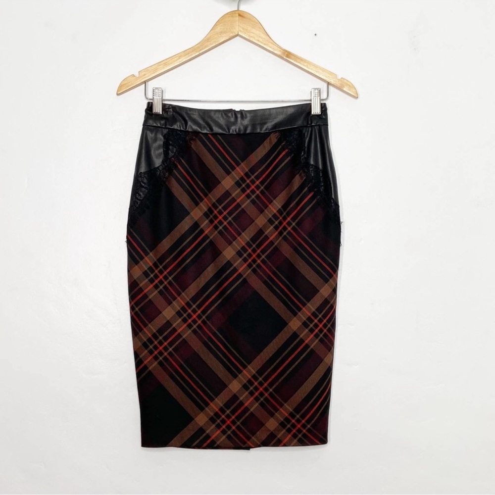 New York & Company Plaid Lace Faux Leather Pencil Skirt Sz 0